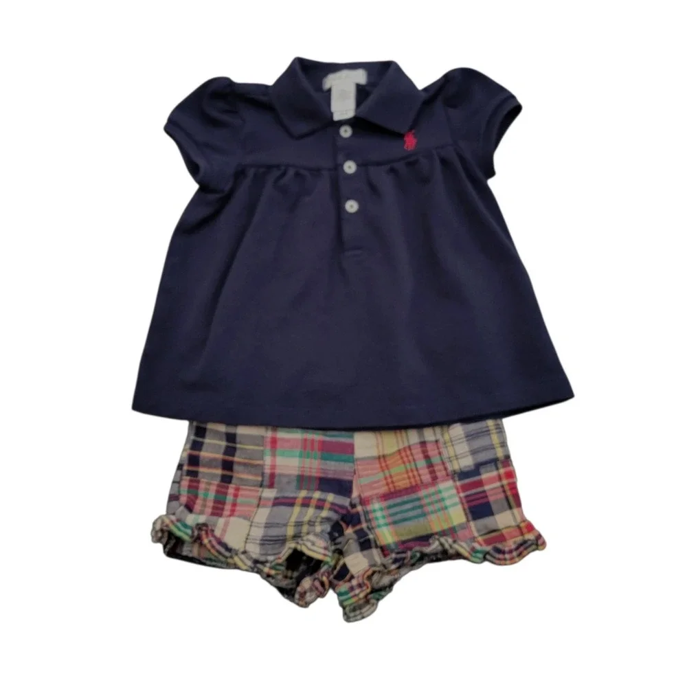 Ralph Lauren Polo Shirt and Patchwork Shorts Set Kids 9M Navy Preppy Classic